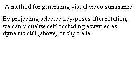 Text Box: A method for generating visual video summarize. 
By projecting selected key-poses after rotation, we can visualize self-occluding activities as dynamic still (above) or clip trailer.      
