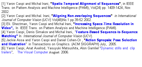 Text Box: [1] Yaron Caspi and Michal Irani, “Spatio-Temporal Alignment of Sequences”, in IEEE Trans. on Pattern Analysis and Machine Intelligence (PAMI), Vol(24) pp. 1409-1424, Nov. 2002.    
[2] Yaron Caspi and Michal. Irani, “Aligning Non-overlaping Sequences”  in International Journal of Computer Vision (IJCV) Vol(48)No.1 pp.39-52 2002.
[3] Eli. Shectman, Yaron Caspi and Michal Irani, “Increasing Space-Time Resolution in Video”,  In  IEEE Trans. on Pattern Analysis and Machine Intelligence (PAMI). 
[4] Yaron Caspi, Denis Simakov and Michal Irani,  “Feature-Based Sequence-to-Sequence Matching” In  International Journal of Computer Vision (IJCV).
[5] Jackie Assa and Yaron Caspi and Daniel Cohen-Or , “Action Synopsis: Pose Selection and Illustration”  in Transactions on Graphics. (ACM SIGGRAPH) July,  2005.
[6] Yaron Caspi, Anat Axelrod, Yasuyuki Matsushita, Alon Gamliel “Dynamic stills and  clip trailers”,    The Visual Computer August  2006.

 
 
