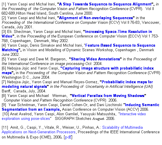 Text Box: [1] Yaron Caspi and Michal Irani, “A Step Towards Sequence-to-Sequence Alignment”, in the Proceeding of  the Computer Vision and Pattern Recognition Conference (CVPR).  Vol II 682-689,Hilton Head Island, South Carolina, June 2000.
[2] Yaron Caspi and Michal Irani, “Alignment of Non-overlaping Sequences” in the Proceeding of  the International Conference on Computer Vision (ICCV) Vol II 76-83, Vancouver, Canada, July 2001.
[3] Eli. Shectman, Yaron Caspi and Michal Irani, “Increasing Space-Time Resolution in Video”, in the Proceeding of the European Conference on Computer Vision (ECCV) Vol 1 753-768, Copenhagen,  Denmark, May 2002.
[4] Yaron Caspi, Denis Simakov and Michal Irani, “Feature-Based Sequence-to-Sequence Matching”, in Vision and Modelling of Dynamic Scenes Workshop, Copenhagen , Denmark   June 2002.
[5] Yaron Caspi and Dave M. Bargeron,  “Sharing Video Annotations” in the Proceeding of  the International Conference on image processing Oct. 2004. 
[6] Nebojsa Jojic and Yaron Caspi, “Capturing image structure with probabilistic index maps”, in the Proceeding of  the Computer Vision and Pattern Recognition Conference (CVPR) Washington D.C., June 2004. 
[7] Nebojsa Jojic, Yaron Caspi and Manuel Reyes-Gomez, “Probabilistic index maps for modeling natural signals” in the Proceeding of  Uncertainty in Artificial Intelligence (UAI)   Banff,  Canada, July, 2004.
[8] Yaron Caspi and Michael   Werman,  “Vertical Parallax from Moving Shadows”
  Computer Vision and Pattern Recognition Conference (CVPR)  2006.
[9]  Yaar Schnitman, Yaron Caspi, Daniel Cohen-Or, and Dani Lischinski "Inducing Semantic Segmentation from an Example, Asian Conference on Computer Vision (ACCV) 2006. 
 [10] ,Anat Axelrod, Yaron Caspi, Alon Gamliel, Yasuyuki Matsushita,  “Interactive video exploration using pose-slices"   SIGGRAPH Sketches August  2006.
[11] Amit, G., Caspi, Y., Vitale, R., Weiser, U., Pinhas, A.: Scalability of Multimedia Applications on Next-Generation Processors, Proceedings of the IEEE International Conference on Multimedia & Expo (ICME), 2006. [pdf] 
